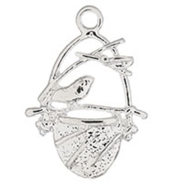 Metal 25mm bird + nest NF silver 6pcs