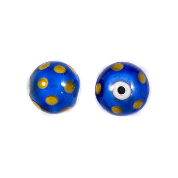 Cz 10mm h/made rnd blue yellow dots 2p