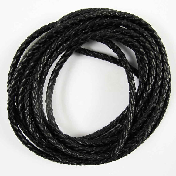Leather 3mm rnd plaited cord black 2metres