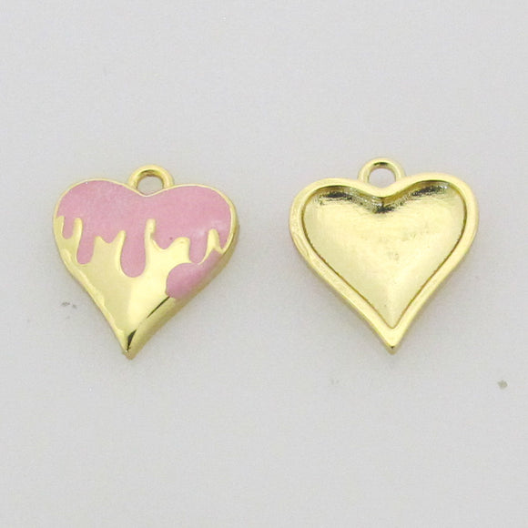 Metal 13mm heart gold/baby pink flame 2p
