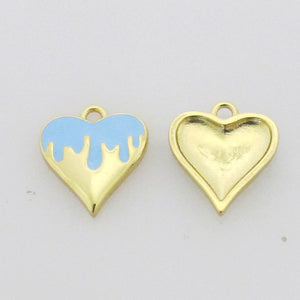 Metal 13mm heart gold/baby blue flame 2p