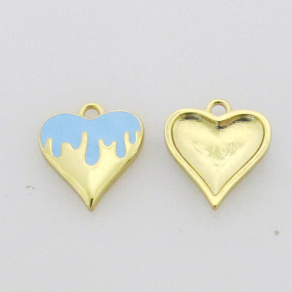 Metal 13mm heart gold/baby blue flame 2p
