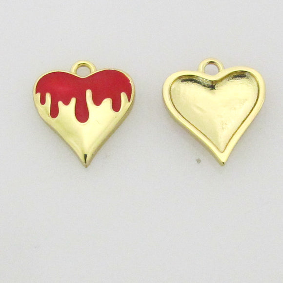 Metal 13mm heart gold/red flame 2pcs