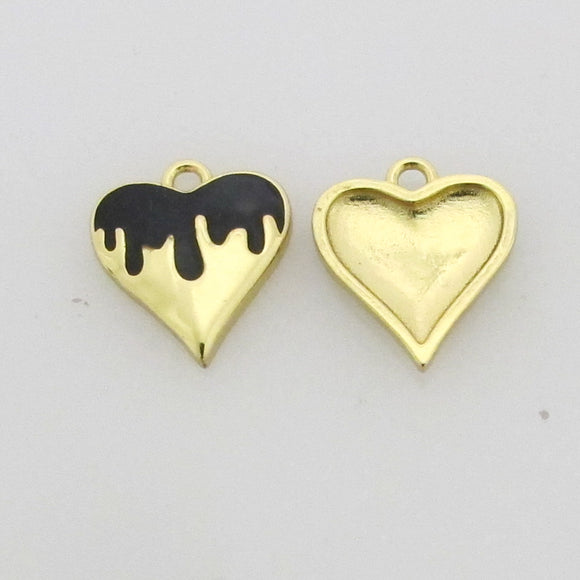 Metal 13mm heart gold/black flame 2pcs